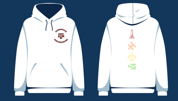 AEGSA Hoodie in White. Front: Small TAMU logo, circled by the words "Aerospace Engineering" in Aggie Maroon. Back: vertically top to bottom: rocket (red), satellite (orange), airplane (yellow), helicopter (green)