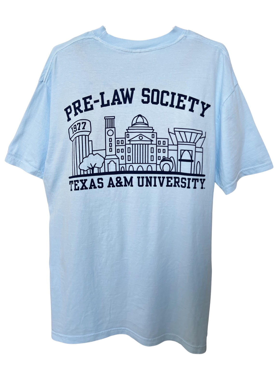 Light blue shirt, campus graphic on the back