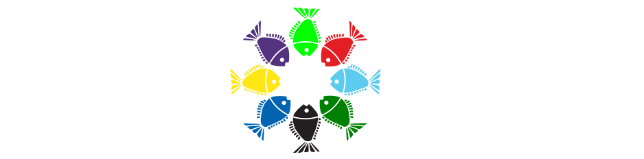 fish camp logo - 8 colors of fish surrounding TAMU