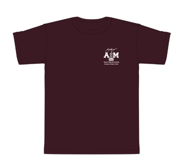 Maroon T-Shirt including a Texas A&M Logo on the top left, with the T being an antenna tower.
