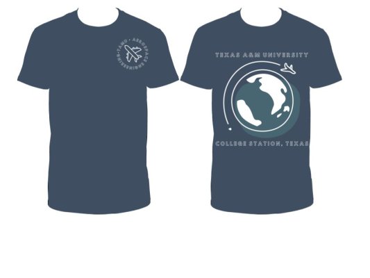 Blue T-Shirt Design. Front is small airplane, circled by "TAMU Aerospace Engineering". Back is earth circled by an airplane, with the words "Texas A&M University" above and "College Station, Texas" below the earth