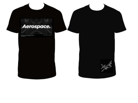 Black T-Shirt Design. Front: Aerospace in white on a wavy background, with its definition and TAMU underneath. Back: outline of airplane on lower right corner