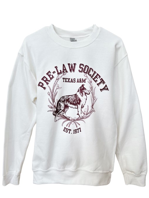 White crewneck with maroon lettering